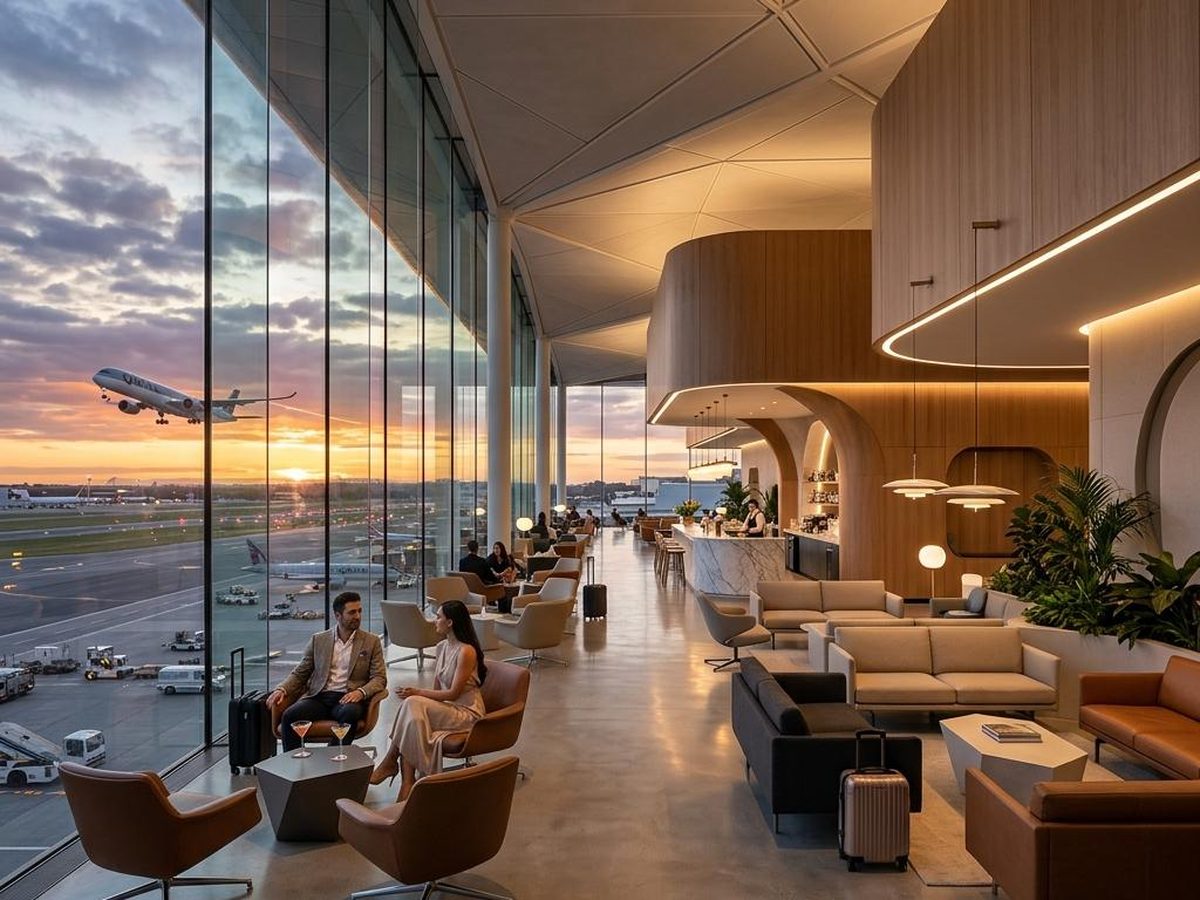 Travellers in a window-lined airport lounge at sunset, an aircraft climbing beyond the glass